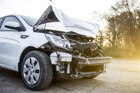 Front Broken White Crash Car After An Accident Stock Image Image Of