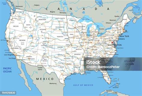 High Detailed United States Of America Road Map With Labeling Stock