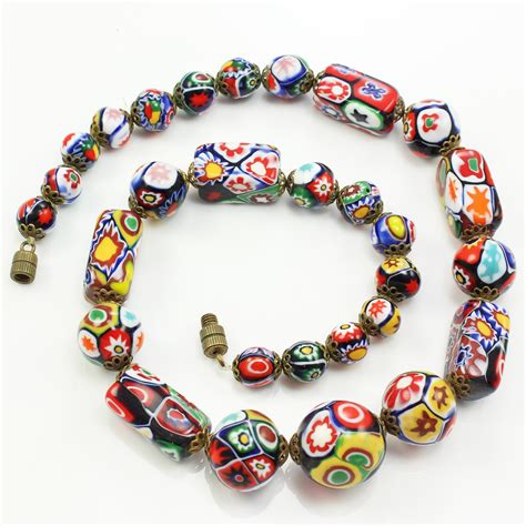 Venetian Murano Glass Bead Necklace Vintage Millefiori Multicolored 16
