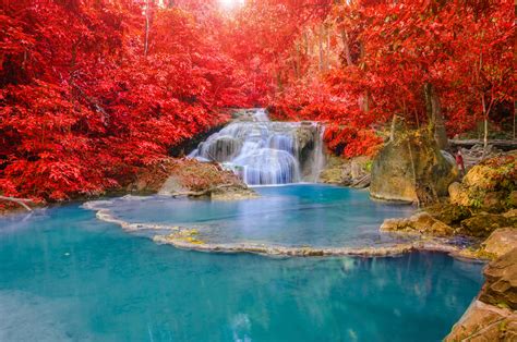 Hintergrundbilder Thailand Erawan Waterfall Natur Herbst Wasserfall