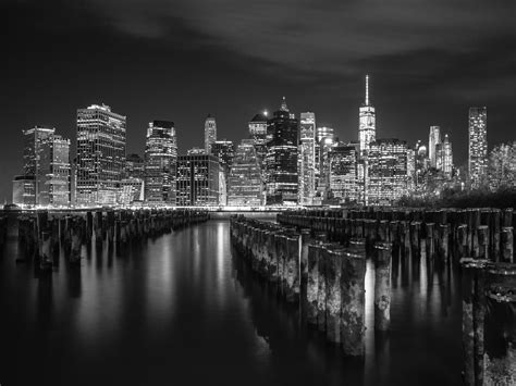 New York City Skyline Night Photography Black And White Nyc Etsy