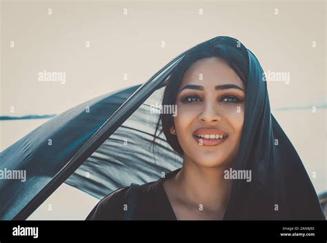 Beautiful Woman In Dubai Wearing Abaya Traditional Female Dress Stock