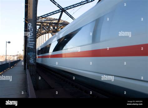 Ice Intercityexpress German High Speed Train Driving Over A Bridge