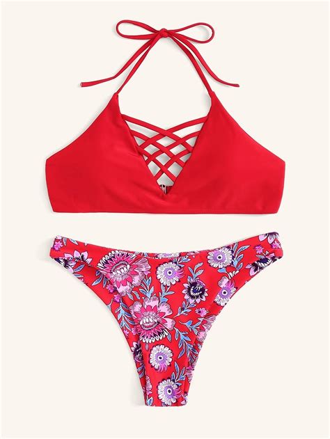 Red Lattice Halter Top Swimsuit With Floral Bikini Bottom Bikinis Floral Bikini Bottoms