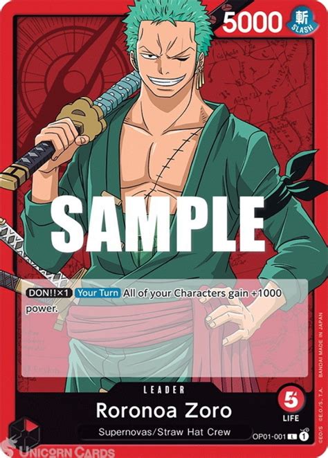 Op01 001 Roronoa Zoro Leader One Piece Tcg Card Unicorn Cards