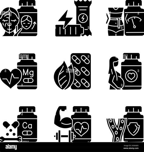 Food Supplements Black Glyph Icons Set On White Space Stock Vector