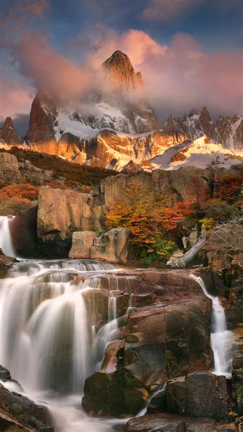 Waterfall With Mount Fitz Roy In Autumn Los Glaciares National Park