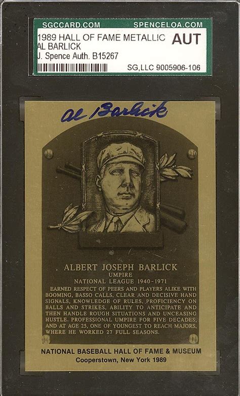 Al Barlick Autographed Signed 1989 Hof Metallic Plaque Card Umpire
