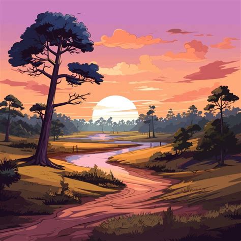 Premium Vector Blank Meadow Landscape Scene At Sunset Time Vector