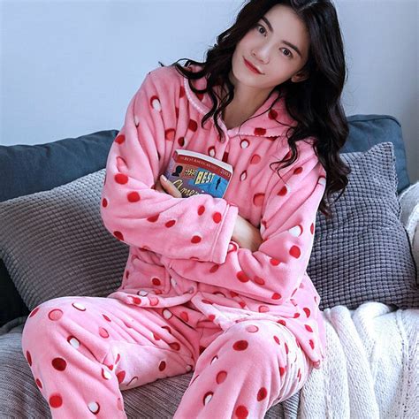 h5804 lovely women pajamas thick coral velvet sleepwear suit household wear female loose flannel