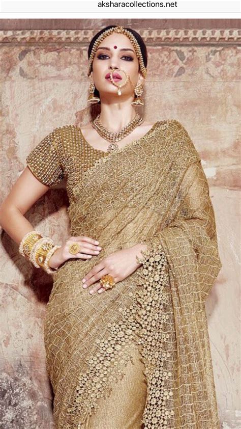 Golden Net Saree Indian Wedding Reception Outfits Golden Saree Saree Trends