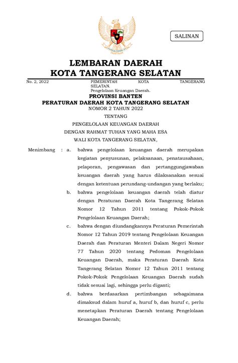 Peraturan Daerah Kota Tangerang Selatan No Tahun Tentang