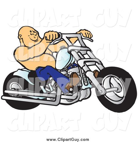 Clip Art Of A Bald Shirtless Biker Dude Riding His Chrome Chopper By