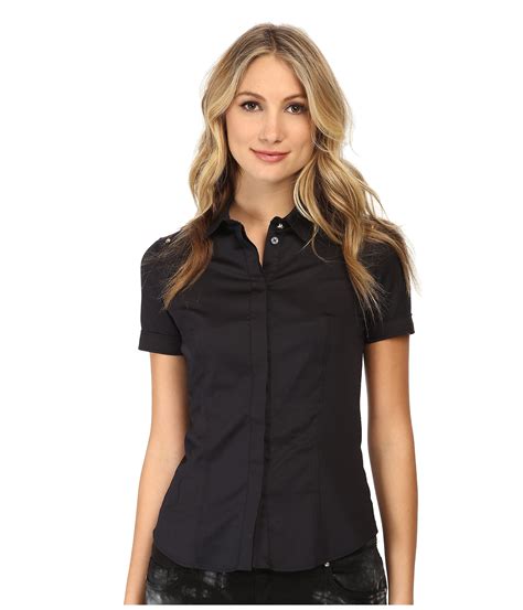 Lyst Versace Jeans Short Sleeve Button Up Blouse In Black