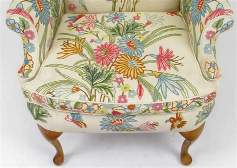 Colorful Floral Wool Crewel Upholstered Wing Chair At 1stdibs Crewel