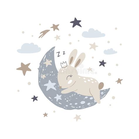 Cute Bunny Sleeping On The Moon Vector Illustration Stock Vector