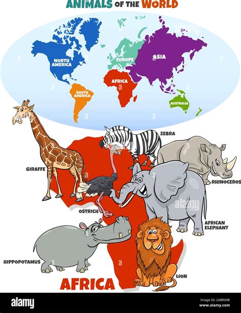 Educational Cartoon Illustration Of African Animals And World Map With