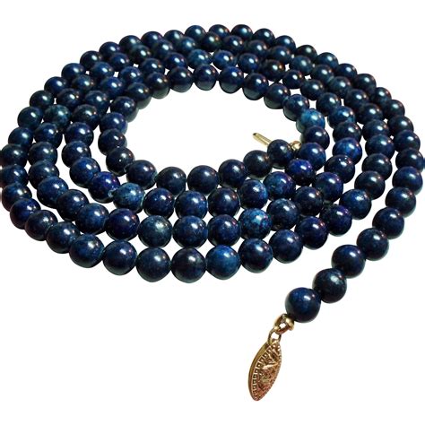 Vintage Lapis Bead Long Opera Length Necklace 14k Filigree Clasp