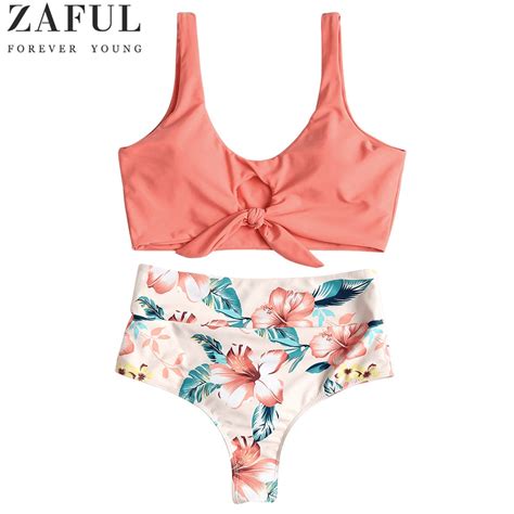 Buy Zaful New High Waist Knotted Floral Scrunch Bikini