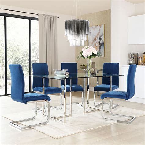 Lisbon Chrome And Glass Dining Table With 4 Perth Blue Velvet Chairs
