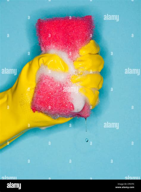 Hand In Glove Squeezing Sponge Stock Photo Alamy
