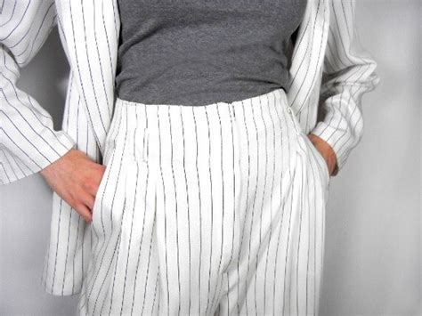 Vintage Womens Pants Suit White With Black Pinstripes Double