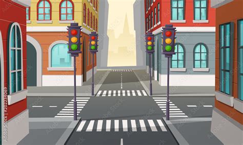 Vector City Crossroads With Traffic Lights Intersection Cartoon