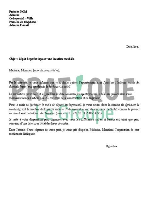 Préavis de départ du logement. Lettre de dépôt de préavis pour une location meublée ...