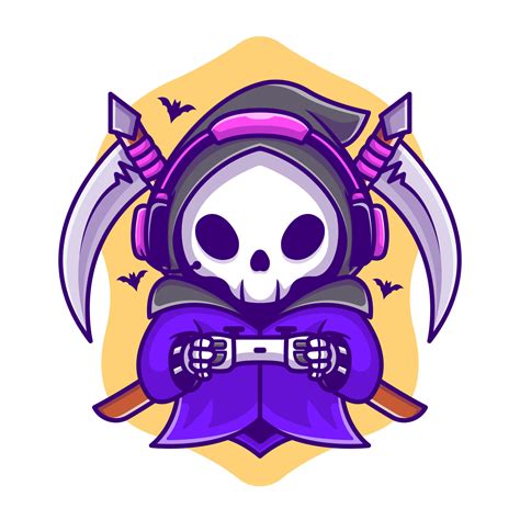 Cute Grim Reaper Gaming With Scythe Cartoon Vector Icon Illustration
