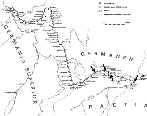 Die römische verteidigungslinie gegen die germanen, limes genannt, lief in ihrem nördlichen teil entlang des rheins. Geographic map of the Obergermanisch-raetischer Limes ...