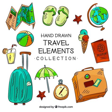 Free Vector Set Of Travel Elements In Hand Drawn Style