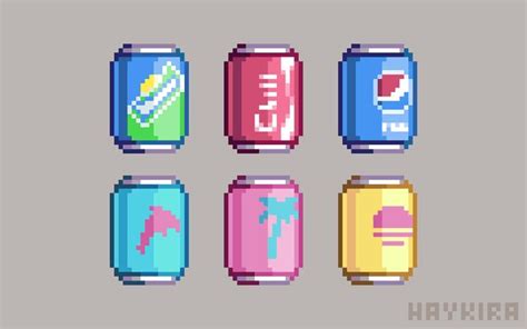 Four Cans Of Soda And Two Cans Of Beer Are Shown In This Pixel Art Style