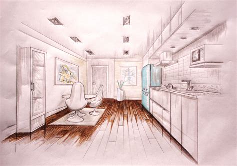 Kitchen Perspective Rendered By D Uyeno Interior Sketch