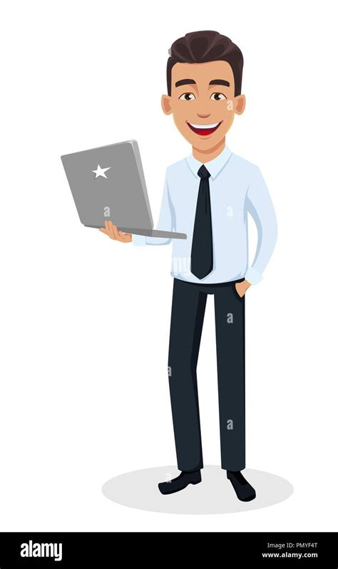 Business Man Cartoon Character Holding Modern Laptop Young Handsome