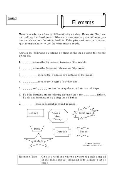 There is also an activity based on texture which can be assigned as homework or extra activities. Elements of Music Worksheet for 5th - 6th Grade | Lesson Planet