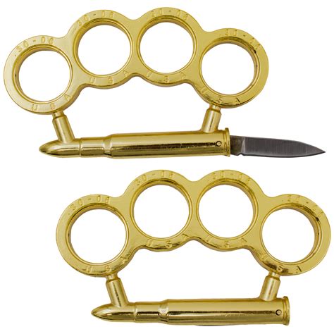 30 06 Caliber Bullet Brass Knuckle With Folding Knife Gold