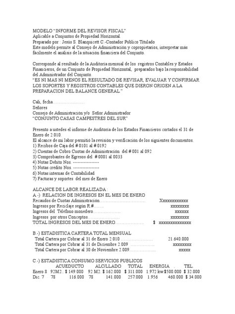 Jb Modelo Informe Mensual Revisor Fiscal Propiedad Horizontal