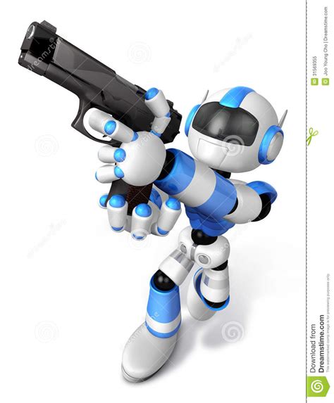 3d Blue Robot Fire An Aimed Shot A Automatic Pistol Create 3d Humanoid