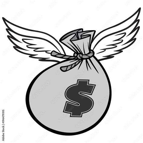 Black And White Flying Bag Of Money A Vector Cartoon Illustration Of
