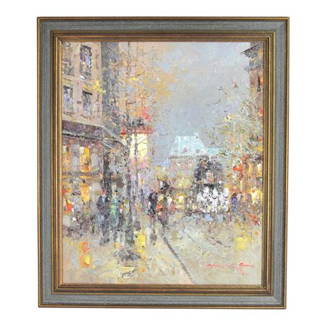 Impressionist Oil Painting Parisian Street Scene Pedestrians Signed