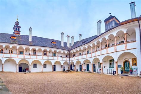 Panorama Of Schloss Ort Castle Courtyard Gmunden Austria Editorial