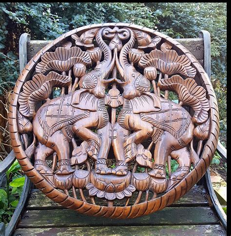 Asian Home Decor - Carved Solid Wood 2ft Rounded Elephants Wall Panel