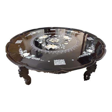 Asian Antique Pearl Inlay Black Lacquered Korean Folding Coffee Table