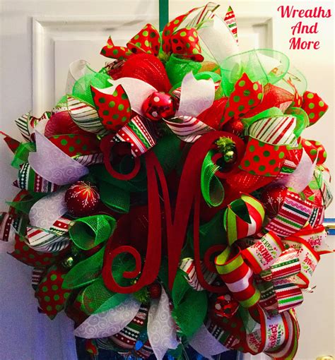 Whimsical Christmas Wreath W M Initial By Gtwreathsandmore On Etsy