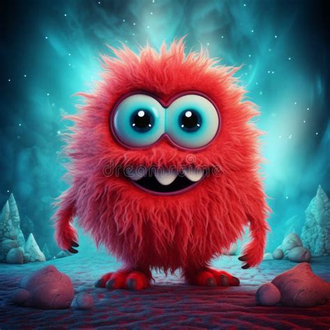 A Red Funny Fuzzy Furry Cartoon Monster Character With Big Eyes And Big