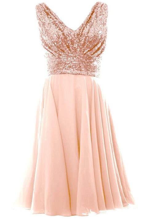 A Line Blush Pink V Neck Chiffon Short Bridesmaid Dress With Rose Gold