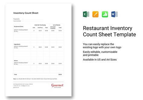 Restaurant Inventory Count Sheet Template In Word Excel Apple Pages