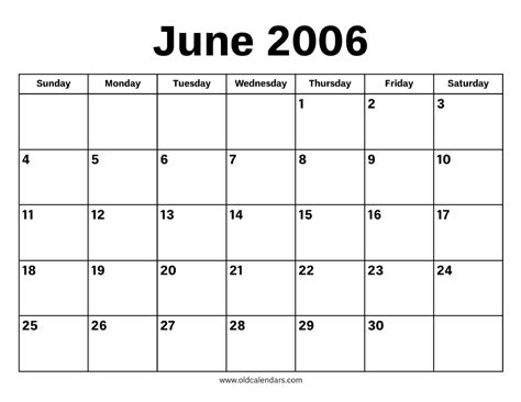 June 2006 Calendar Printable Old Calendars