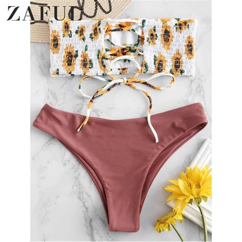 Zaful Bikini Set Bandeau Sunflower Swimwear Women Swimsuit Shirred Sexy