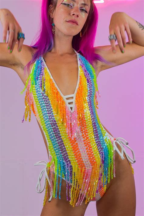 Rainbow Pride Sequin Pastel Bodysuit Leotard Fringe Festival